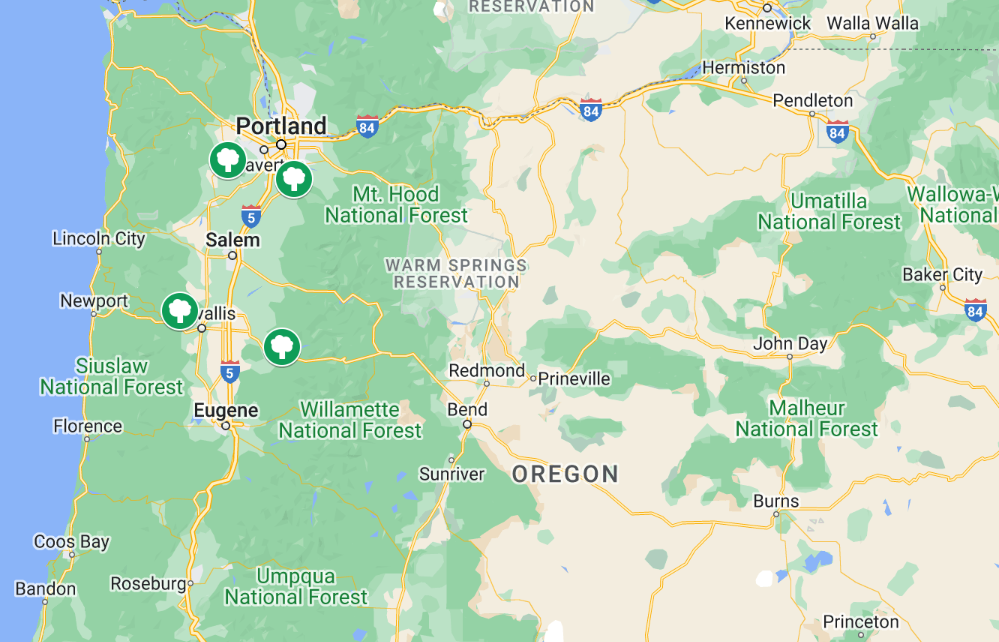 Map of hiking areas in the Willamette Valley